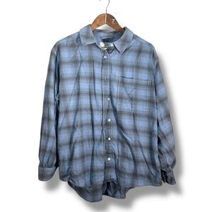 Aerie Blue Plaid Cotton Oversized Button Front Flannel Size Large